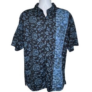 Vintage ADOLFO Mens Short Sleeve Button Up Hawaiian Shirt Sz L Black Blue Floral